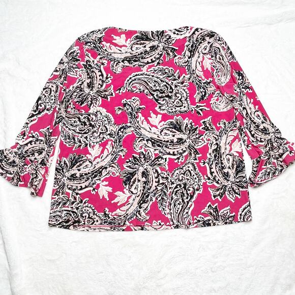 JONES STUDIO Pink & Black Paisley Keyhole Top 3/4 Ruffle Sleeves Blouse Petite - Picture 4 of 8